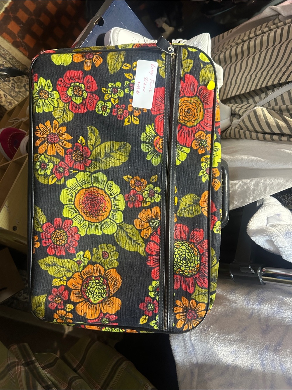 Floral Black Canvas Carry-On Luggage Bag - Bright Red, Orange & Lime Flowers